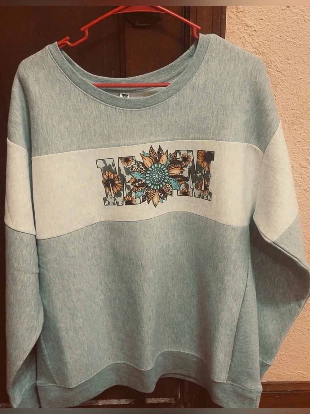 Light Blue & White Crewneck Sweater with Floral Sunflower Graphic